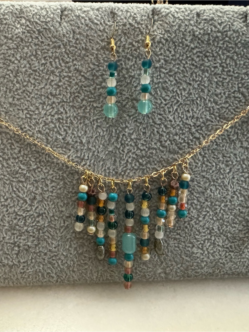 Gold-Tone Multicolor Beaded Fringe Necklace with Teal Accents